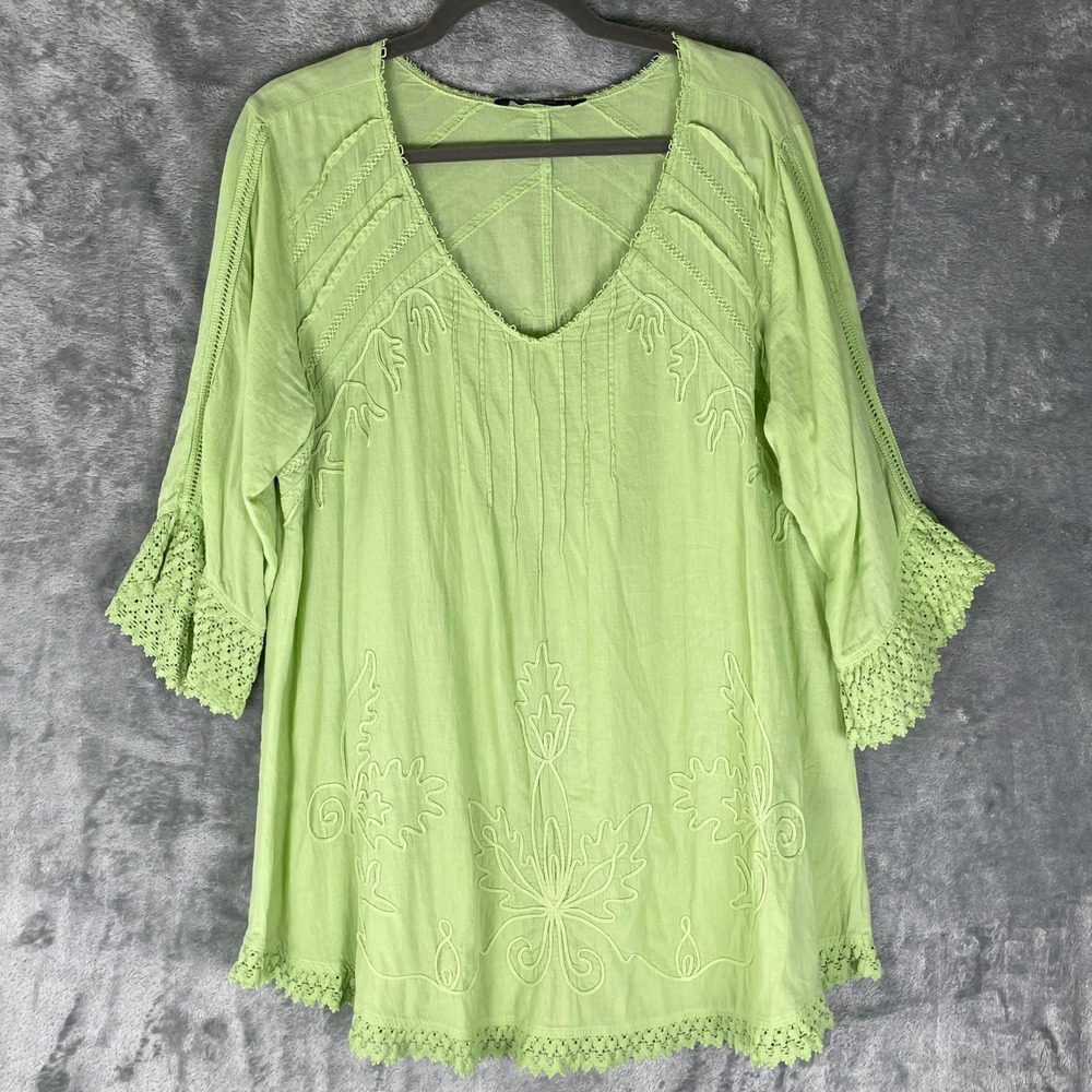 Gretty Zueger Embroidered Tunic Womens L Green Excellent Crochet Lace Cotton Top